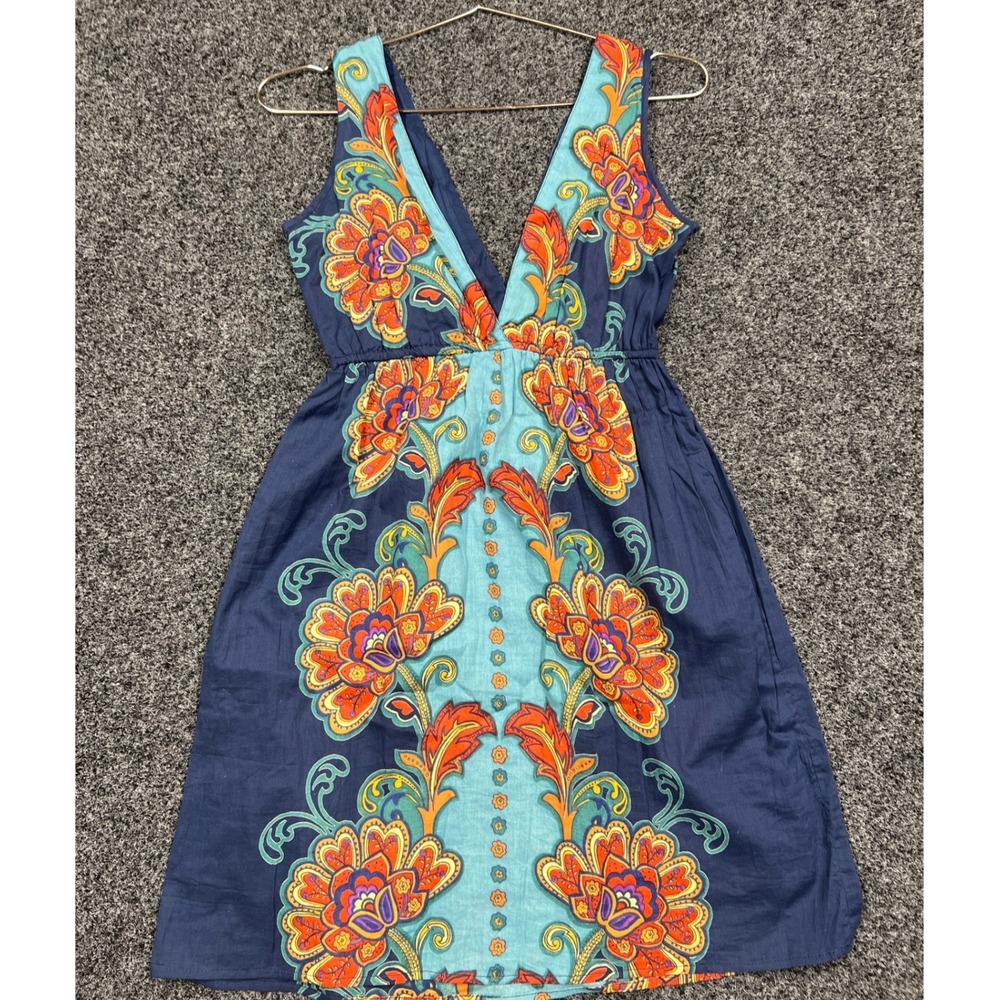Angie Dress Women S Blue Orange Floral Paisley V-Neck Cotton Boho Mini Summer - Picture 6 of 6